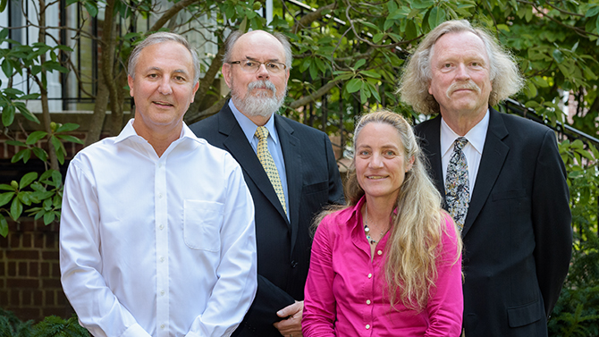 Group photo of 4 new named professors in the College of Arts and Sciences. From left: Bruno Thibault, professor of French civilization and literature in the Department of Languages, Literatures, and Cultures; John Ernest, chairperson of the English Department; Annette Giesecke, professor and interim chair of the Department of Languages, Literatures, and Cultures; and Larry Nees, chairperson of Art History.  - (Evan Krape / University of Delaware)