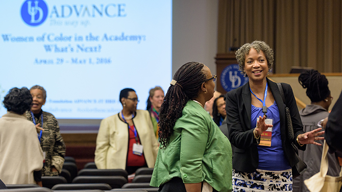 2016 ADVANCE Conference: "Women of Color in the Academy: What's Next?" opening session featuring talks by ADVANCE team members Sharon L. Neal, Department of Chemistry & Biochemistry and Anne M. Boylan, Department of History; Carol Henderson, Vice-Provost for Diversity and Departments of Black American Studies and English; and a keynote address by Gilda Barabino, Dean of Engineering, City College of New York.  - (Evan Krape / University of Delaware)