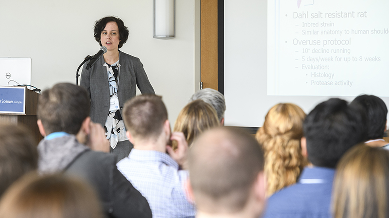 14th Annual Biomechanics research symposium May 12, 2017 with several members of the Engineering community along with their partners in the College of Health Sciences explore ways in where their research overlaps when it comes to joints and bones in the body.