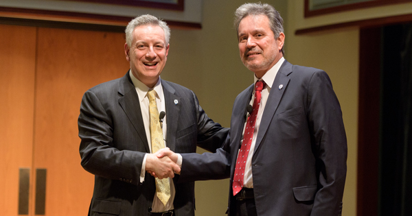 Greek_Ambassador-Lalacos_Haris-111717 UD President Dennis Assanis (left) and Haris Lalacos