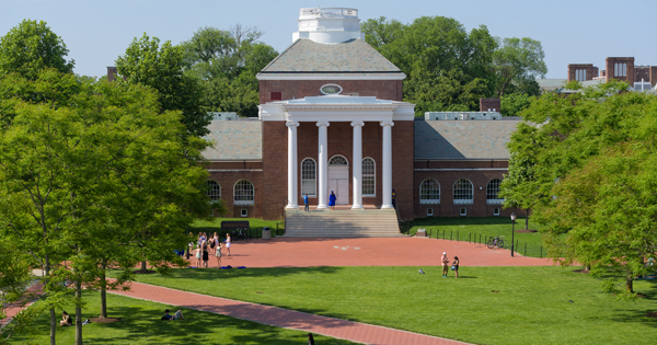 Memorial Hall with The Green in front of image, before Commencement on 052516