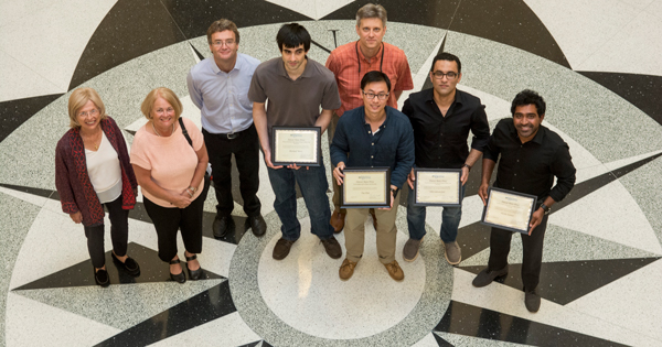 Pictured are, from left, Eva Daicar, and Zolena Daicar, Prof. Jamie Holder, Michael Metz winner of the Daicar-Bata Prize for best research paper, Prof. Edmund Nowak, Professor and Chair of Physics and Astronomy Dept., Yue Pan winner of the Daicar-Bata Prize for highest grade point average, and Taha Salavati-fard and Harsha Kannan both finalists and winners for best paper.   
