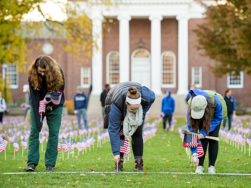 Students help plant flags on The Green to observe Veterans Week activities in 2016