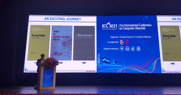 091117 Materials engineering prof Tsu-Wei Chou at China conference Tsu-Wei Chou is an icon.
Chou, the Pierre S. du Pont Chair of Engineering in the Department of Mechanical Engineering, gave a plenary lecture in August at the 21st International Conference on Composite Materials (ICCM-21) in Xi’an, China. A plenary lecture gives the speaker the spotlight, as no other events are scheduled during the time slot. More than 2,000 people from 45 countries attended the conference.