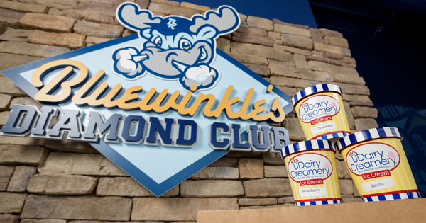 University of Delaware mascot YoUDee with Wilmington Blue Rocks mascot Rocky Bluewinkle to celebrate the announcement that UDairy Creamery ice cream will be served at Frawley Stadium for Blue Rocks games. - (Evan Krape / University of Delaware)