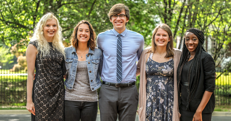 UD’s newest Fulbright Award winners, pictured left to right: Amanda Abrom, Jennifer Hoi-Ping Lawrence, Rickey Egan, Taylor Tewksbury and Gerti Wilson. Not pictured are Melanie Allen, Briyana Chisholm, Sarah Hartman and Klodiana Kastrati. 
