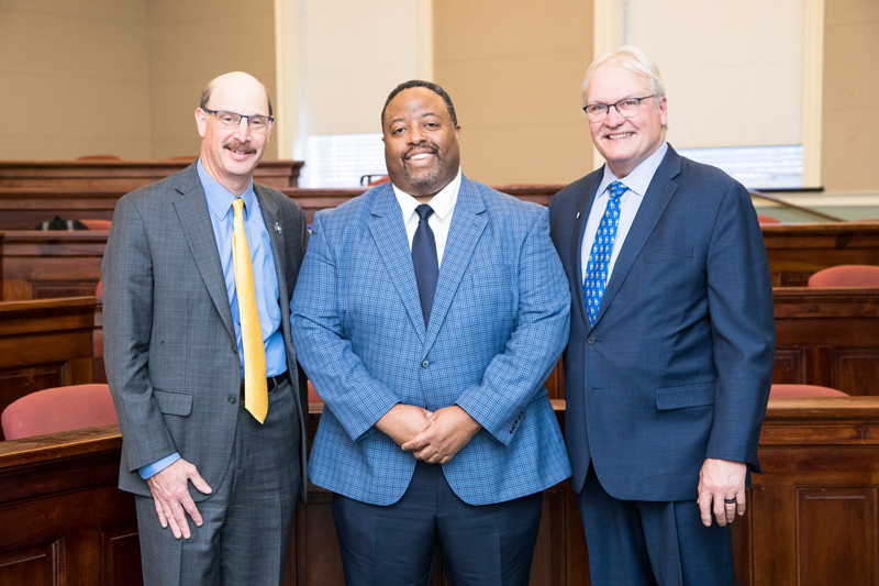 From left to right are Michael Chajes, dean of the Honors College; Gregory Hicks, Distinguished Professor of Health Sciences, and Michael Axe, founding partner of First State Orthopedics. 