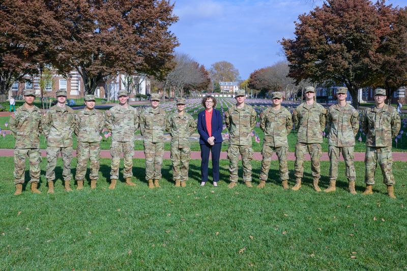 Maryanne T. Donaghy with members of the University of Delaware Army Reserve Office Training Corps (ROTC)