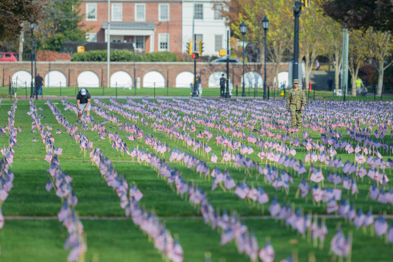 In advance of Veterans Day, which is Saturday, Nov. 11, student veterans planted 7,078 American flags on The Green