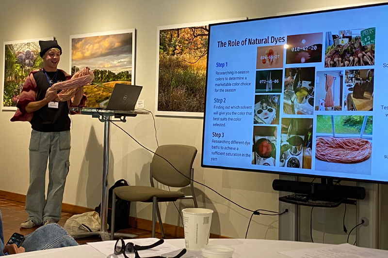 Casey Tyler presented their 2023 Summer Scholars project to the UD Fashion Advisory Council at its annual meeting at Winterthur in October. Tyler researched sustainable knitting techniques, natural dyeing and creative 3D motifs.