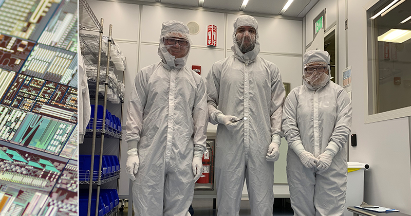 Current and past members of the Gu lab (pictured in 2019), including former postdoc Tiantian Li (far right), get ready for research in a clean room.