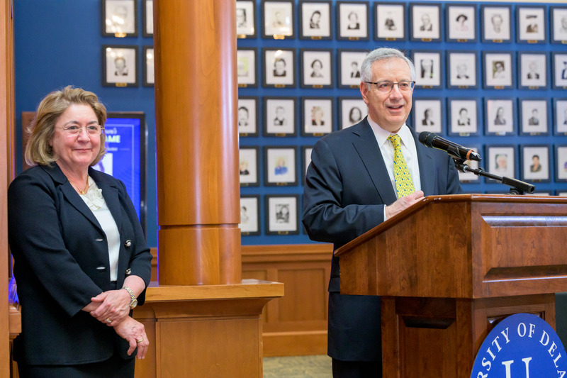 At the event, UD President Dennis Assanis, pictured with UD First Lady Eleni Assanis, encouraged attendees to learn more about the women featured in the exhibition.