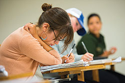 students writing in class