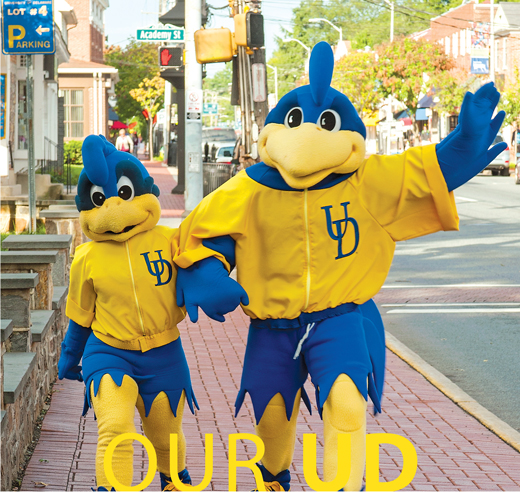 Our UD title page-photo of YoUDee and Baby Blue walking down Main Street in Newark
