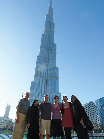 Ralph Begleiter (left) in 2011 with Study Abroad students at the Burj Khalifa in Dubai, United Arab Emirates.