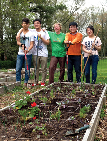 ELI students working in a garden on campus