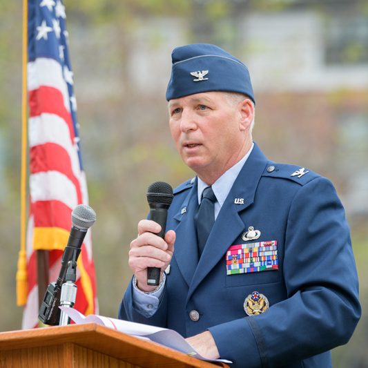 9/11 Commemoration Ceremony held at Olan Thomas Park in Newark, DE on the 18th anniversary of the tragedies.  Pictured: Col. John W. Long, USAF (Ret.), University of Delaware Executive Vice President and Chief Operating Officer