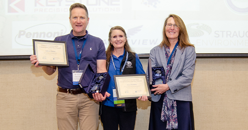 Portrait of Andrew R. Homsey, Nicole Minni and Tracy DeLiberty at the Delmarva GIS Day Conference 2026