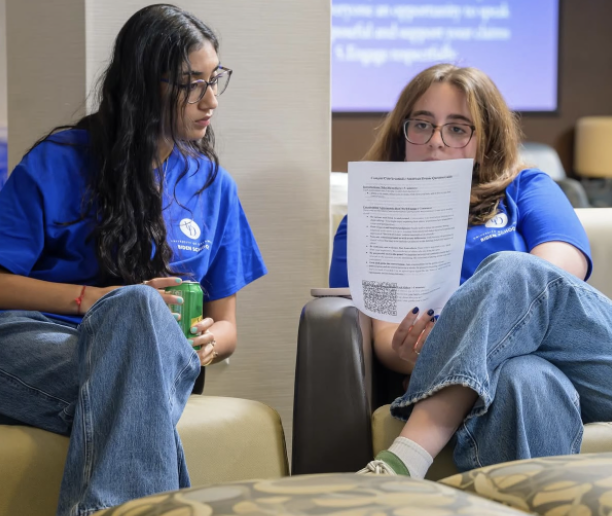 SNF Ithaca Student Leaders Charlotte McQuillan and Suhani Mehta at an SNF Ithaca Campus Conversations event.