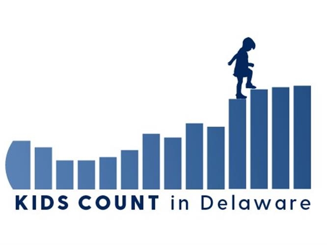 Photo illustration of the KIDS COUNT in Delaware logo, consisting of a deep blue bar graph with the silhouette of a child walking across the top