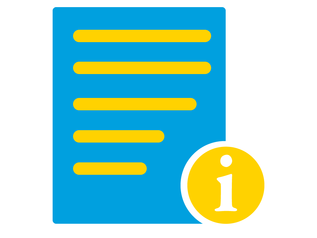 A blue rectangle with yellow lines represents a written memo. In the bottom right corner, a yellow circle with a white letter i indicates information is available. 