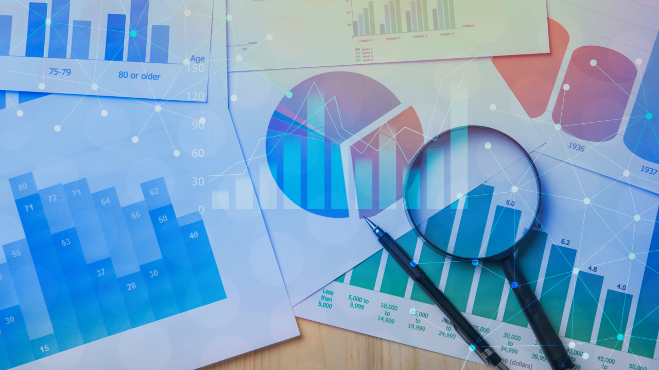 Photo illustration of charts, graphs, and a magnifying glass