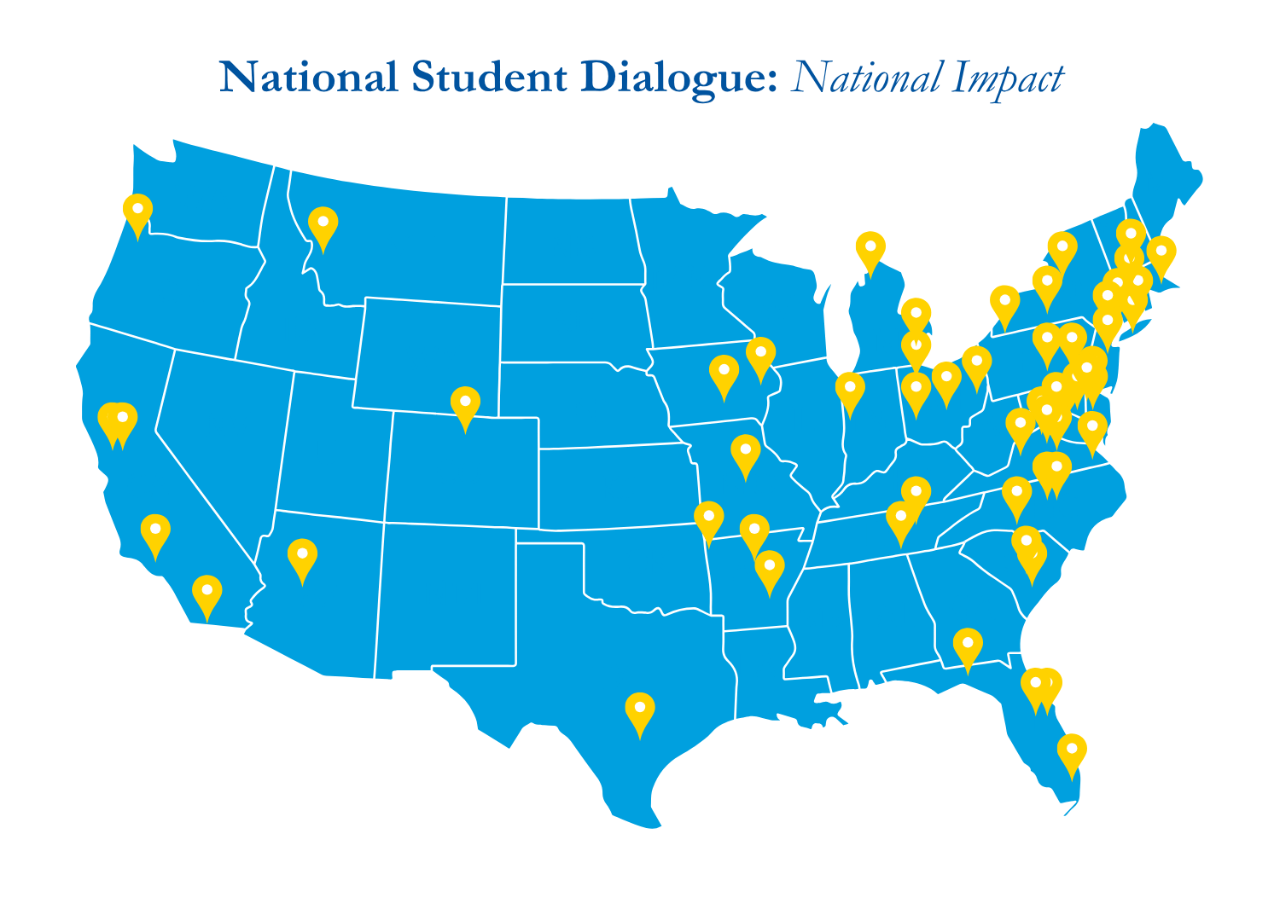 Graphic of a map with pins that display the National Student Dialogue National Impact