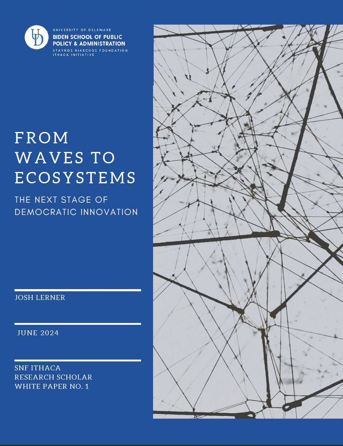 Cover art for SNF Ithaca Research Scholar Josh Lerner's white paper, "From Waves to Ecosystems: The Next Stage of Democratic Innovation"