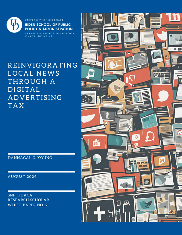 Cover art for SNF Ithaca Research Scholar Dannagal Young's white paper, "Reinvigorating Local News through a Digital Advertising Tax"