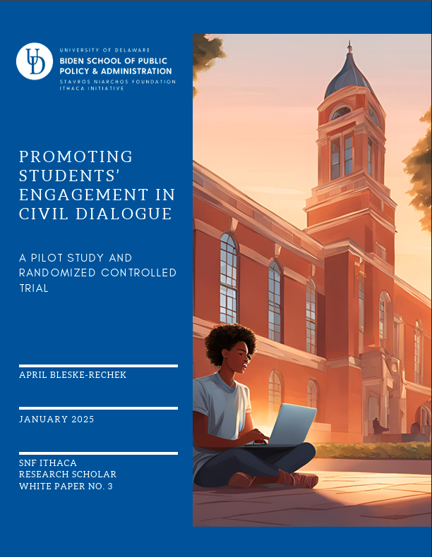 Cover art for SNF Ithaca Research Scholar April Bleske-Rechek's white paper, "Promoting Students’ Engagement in Civil Dialogue: A Pilot Study and Randomized Controlled Trial"