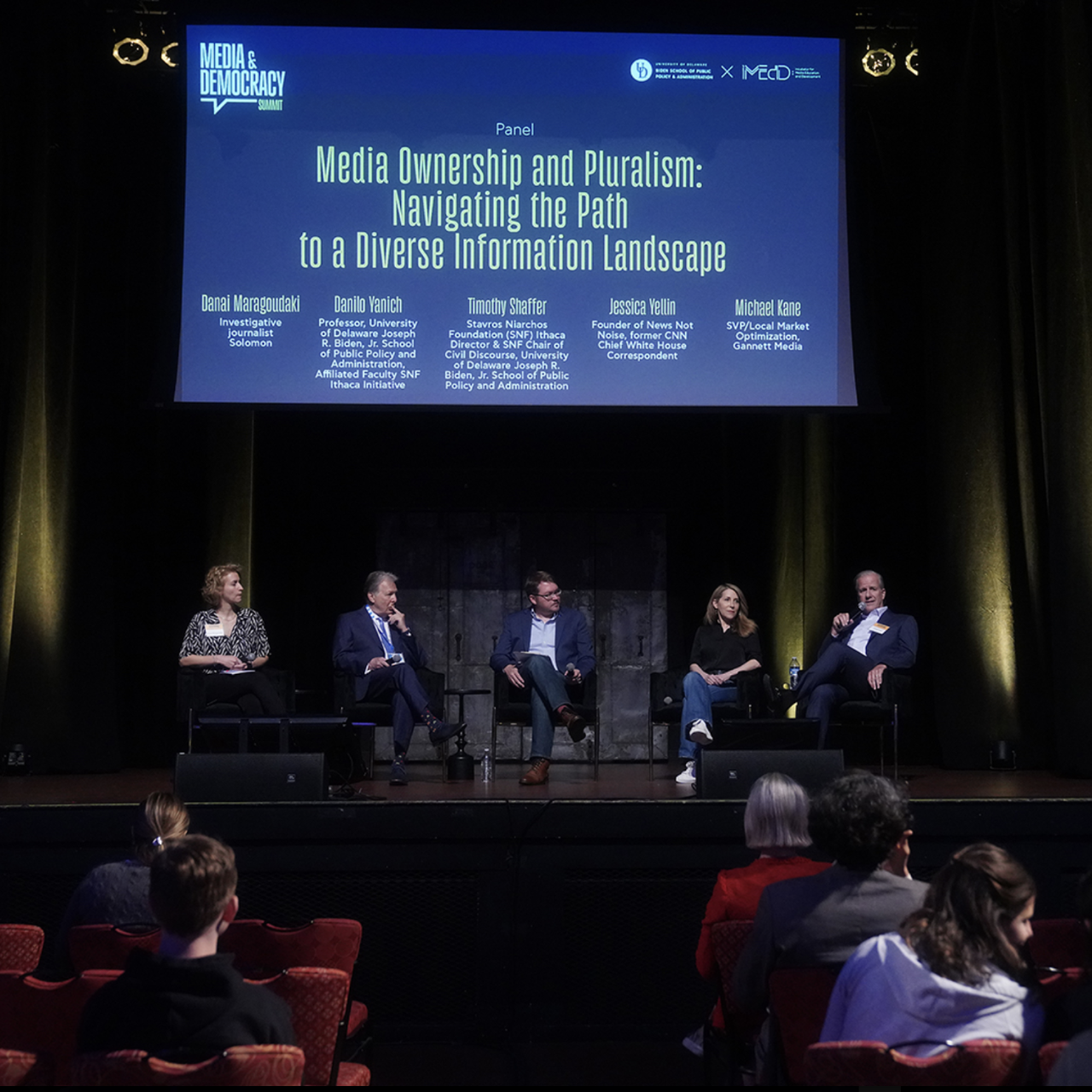Panel discussion photo of guests onstage at the 2024 Media and Democracy Summit