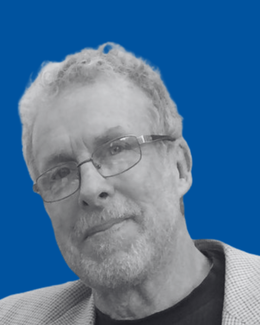 A black-and-white portrait of a person against a solid blue background