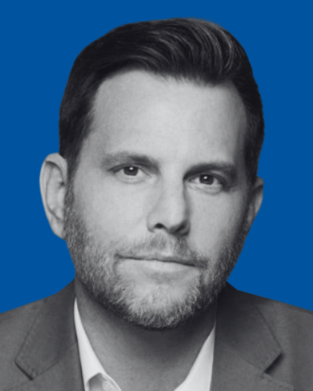 A black-and-white portrait of a person against a solid blue background