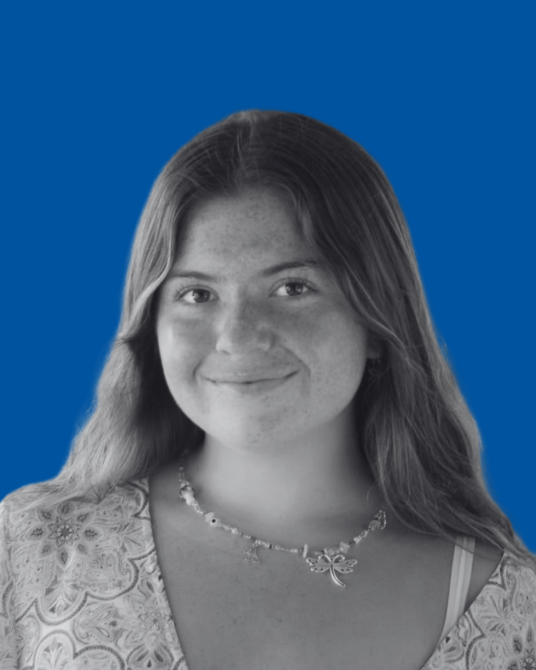 A black-and-white portrait of a person against a solid blue background