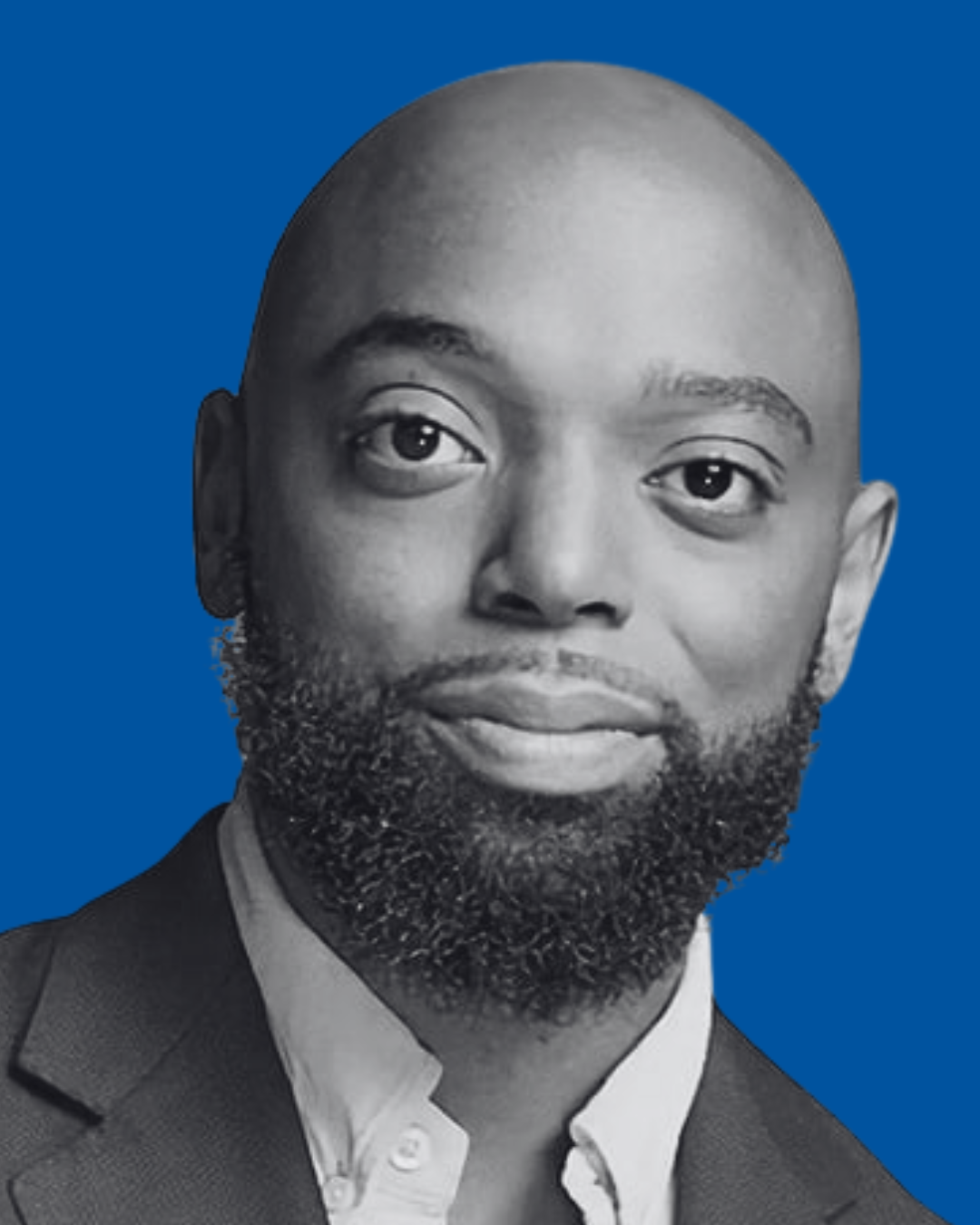 A black-and-white portrait of a person against a solid blue background