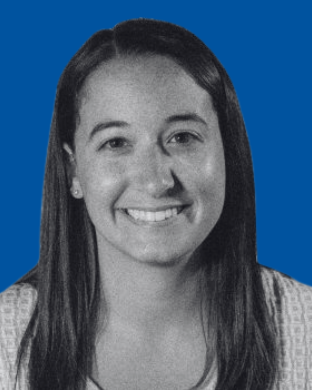 A black-and-white portrait of a person against a solid blue background