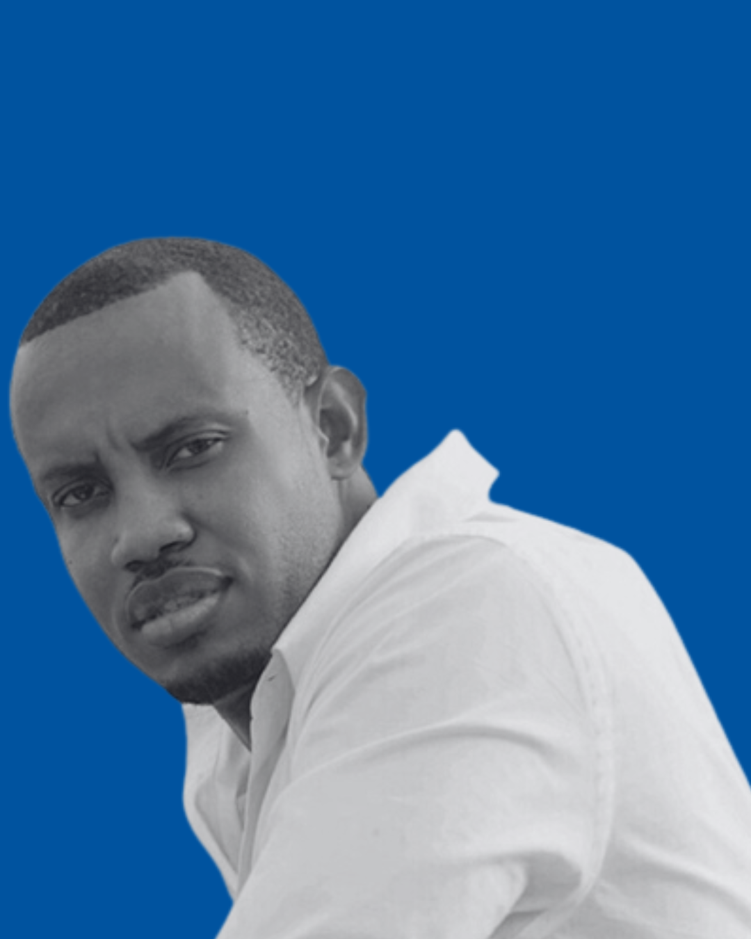 A black-and-white portrait of a person against a solid blue background