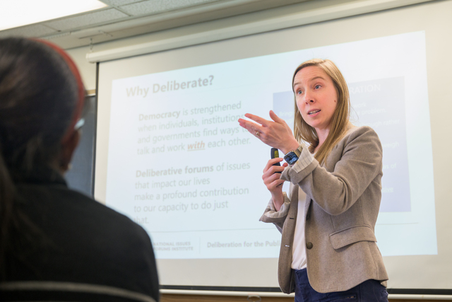 SNF Ithaca Visiting Fellow Cristin Brawner teaching in front of a room