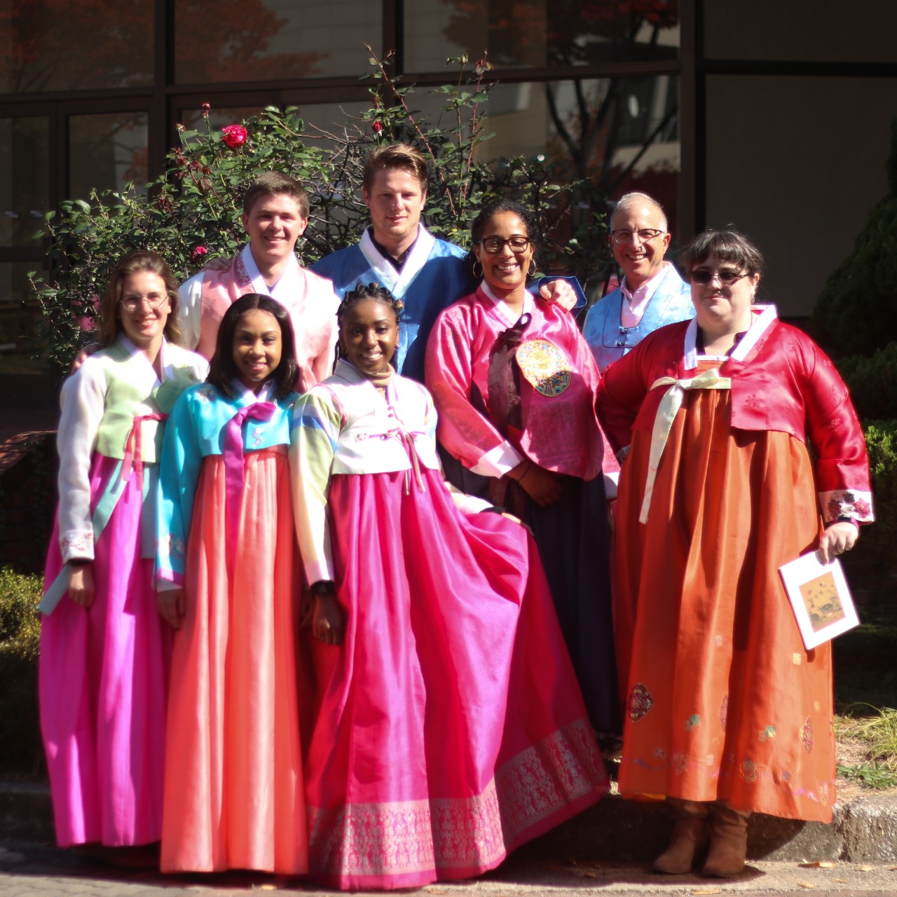 Students wearing traditional Korean attire during their study abroad trip to Seoul