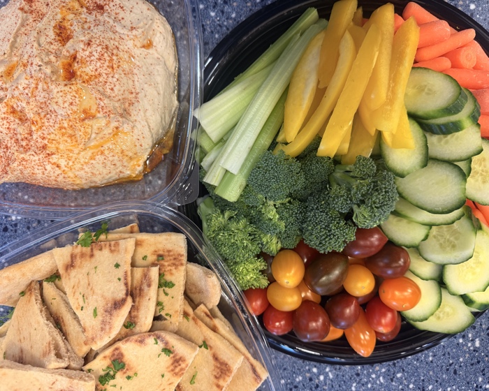 Hummus and veggies on a tray