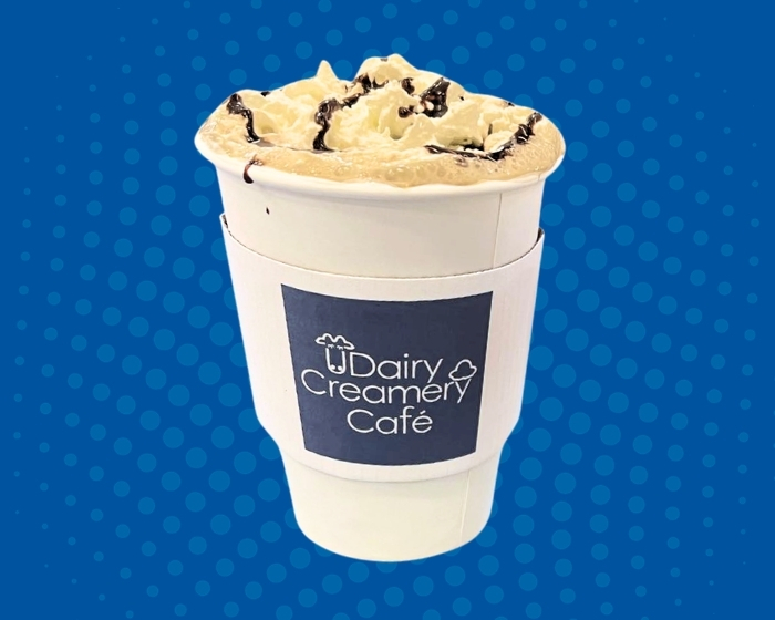 Hot chocolate in a cup with whipped cream.