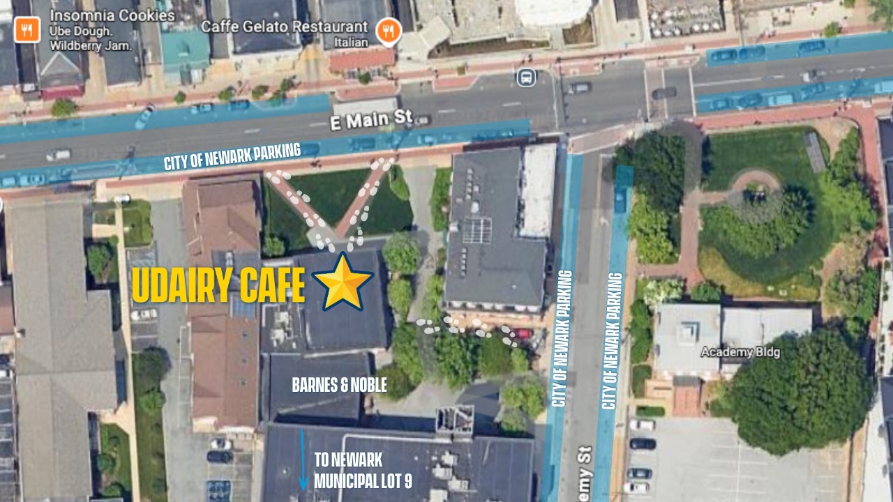 A bird-eye view of UDairy Cafe's location along Main Street in Newark, just west of Academy street. Parking areas along each street are highlighted in blue. and an arrow indicates Newark Municipal Lot 9 behind the Cafe/Barnes and Noble Building.