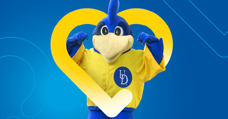 YouDee the mascot promotes I Heart UD Giving Day.
