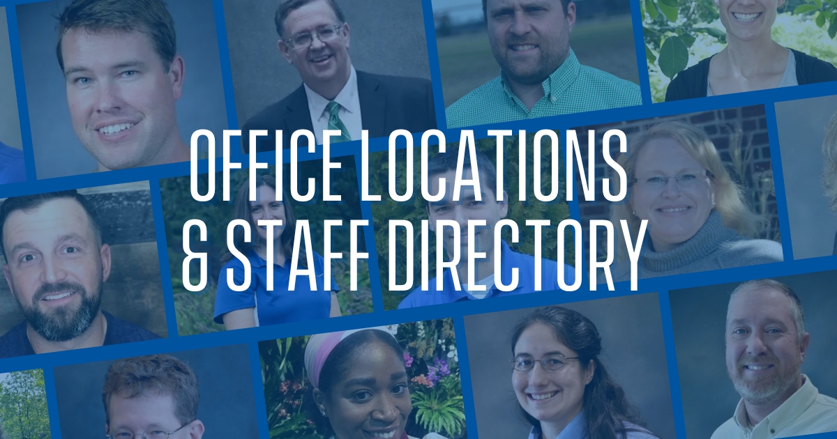 A collage of staff members that says "Office Locations & Staff Directory"