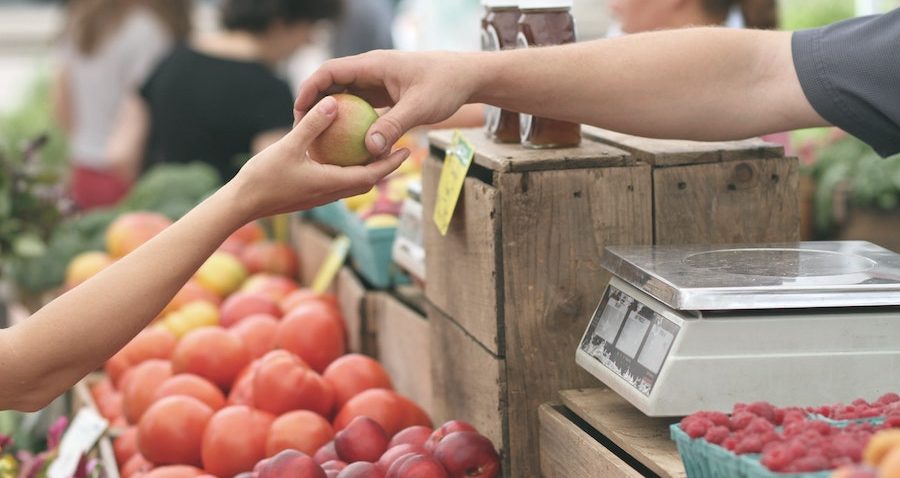 A person purchases fruit at a farmer's market.