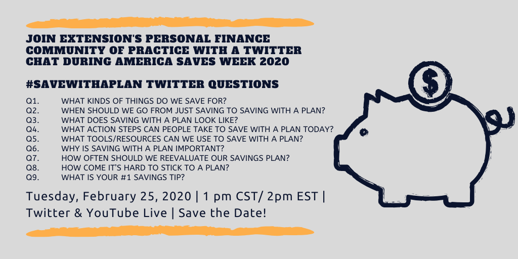 A graphic detailing the instructions to join the Twitter chat and YouTube live session on February 25, 2020 at 2 p.m. EST. Join in for additional ideas on planning for your savings goals! Use the hashtag #exaschat on Twitter to join the conversation and tune into Youtube Live for the answers!