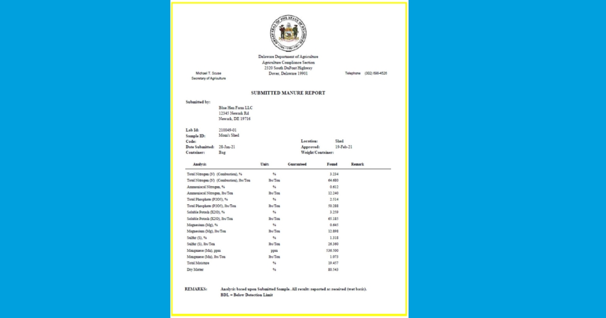 adjust2 - 1 Figure 1. Example of a manure analysis report generated by the Delaware Department of Agriculture’s Agriculture Compliance Laboratory, which provides information about the dry matter, total nitrogen, and ammoniacal nitrogen; this information is needed to determine the plant available nitrogen and residual nitrogen from manure applications.