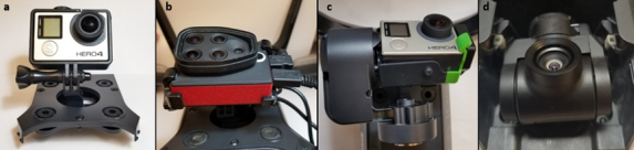 Four examples of mounted cameras shown side by side. The two on the right have mounted cameras while the two on the right have a rotating gimbal that allows for additional directional viewing.