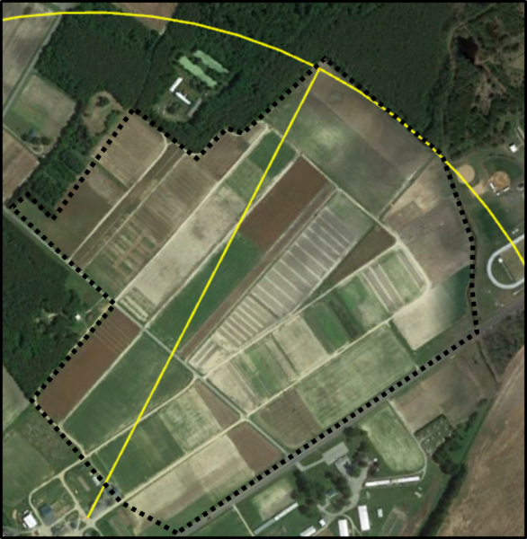 A map showing The distance from a building to the end of two fields - a distance of about 0.5 miles, or 3000 feet (yellow line). 