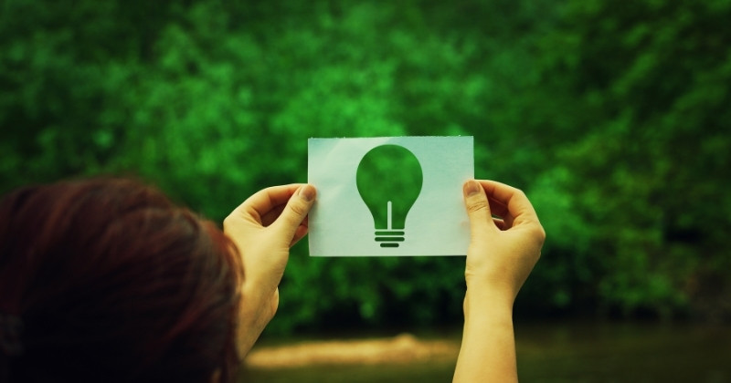 A woman holding a piece of paper with a lightbulb icon up against a green forest.